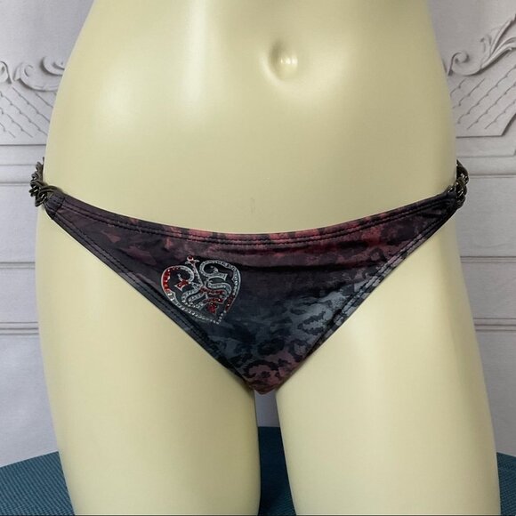 Sinful By Affliction Cedar Chain Bikini Bottom Red & Grey Wings Rhinestones Lg - Picture 3 of 5